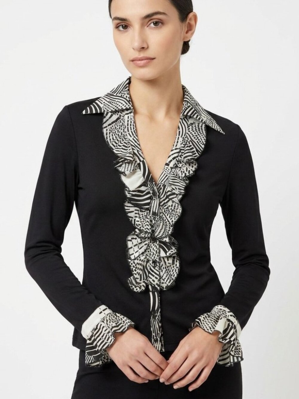 Anne Fontaine Black Ribbed Geometric Ruffle Blouse Size 2
